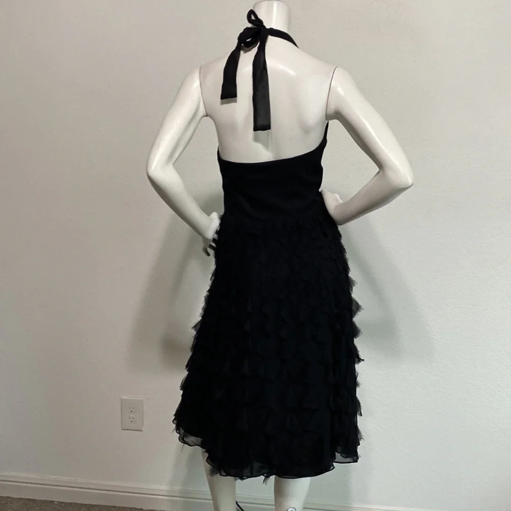 White House Black Market Black Silk Low Cut Ruffle Sleeveless Midi Dress Size M - Picture 4 of 9